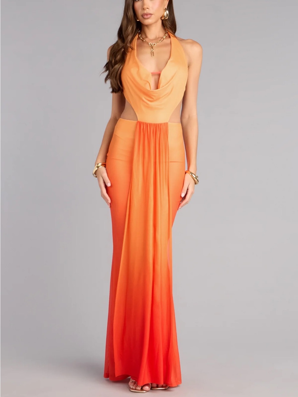 NWT Orange Ombre Halter Cowl Maxi Dress